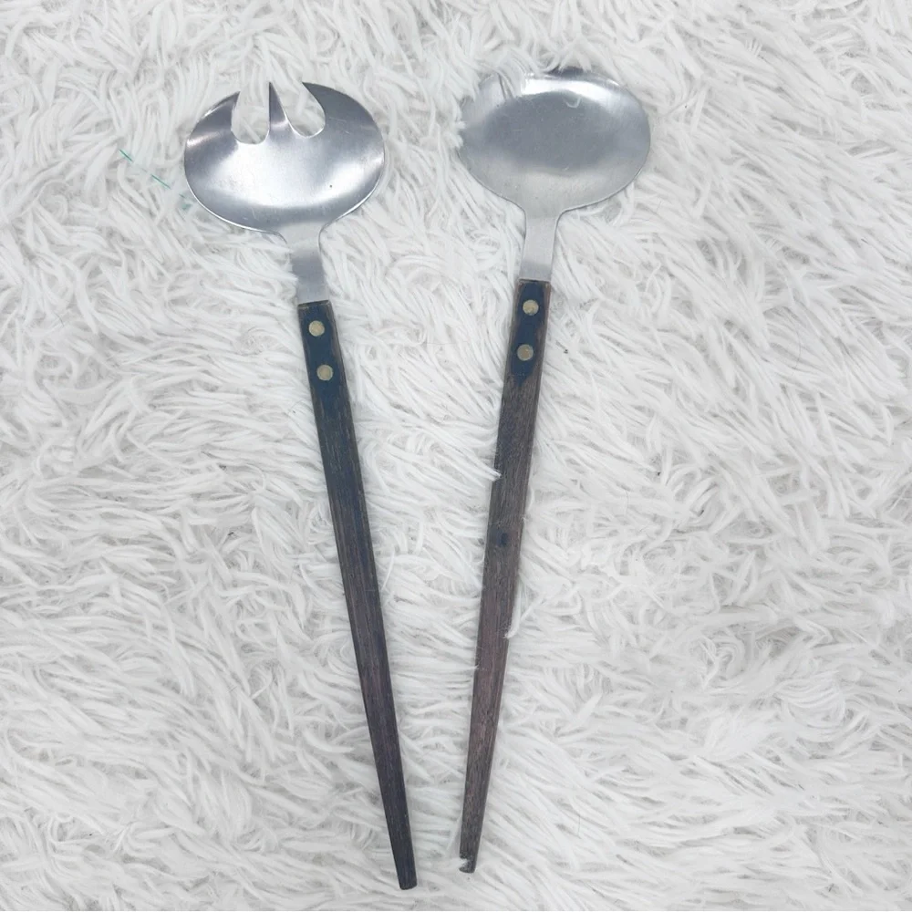 Vintage MCM 11” Wood Handle Salad Serving Set FORK SPOON Stainless Steel JAPAN